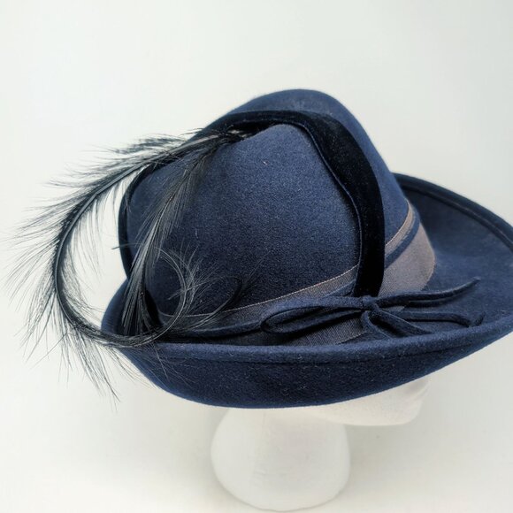 Vintage Silvia Hat Felt Stiff Blue Felt Feather Breton - Picture 2 of 11